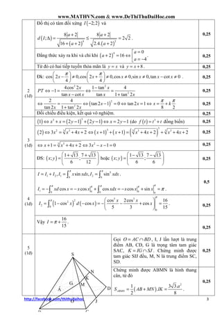 www.MATHVN.com & www.DeThiThuDaiHoc.com
http://facebook.com/thithudaihoc 3
Đồ thị có tâm đối xứng ( )2;2I − và
( )
( ) ( )
4 2
8 2 8 2
; 2 2
16 2 2.4. 2
a a
d I
a a
+ +
∆ = ≤ =
+ + +
.
0,25
Đẳng thức xảy ra khi và chỉ khi ( )
4 0
2 16
4
a
a
a
=
+ = ⇔  = −
. 0,25
Từ đó có hai tiếp tuyến thỏa mãn là y x= và 8y x= + . 0,25
Đk: cos 2 0,cos 2 0,cos 0,sin 0,tan cot 0
4 4
x x x x x x
π π   
− ≠ + ≠ ≠ ≠ − ≠   
   
. 0,25
2 2
2
4cos 2 1 tan 4
1
tan cot tan 1 tan 2
x x
PT
x x x x
−
⇔ − = ⇔ =
− +
0,25
( )
2
2
2 4
tan 2 1 0 tan 2 1
tan 2 1 tan 2 8 2
x x x k
x x
π π
⇔ = ⇔ − = ⇔ = ⇔ = +
+
0,25
2
(1đ)
Đối chiếu điều kiện, kết quả vô nghiệm. 0,25
( ) ( ) ( )
33
1 2 1 2 1 2 1x x y y x y⇔ + = − + − ⇔ = − (do ( ) 3
f t t t= + đồng biến) 0,25
( ) ( ) ( ) ( )
3
32 3 3 33 3 3
2 3 4 2 1 1 4 2 4 2x x x x x x x x x⇔ = + + ⇔ + + + = + + + + + 0,25
3 23
1 4 2 3 1 0x x x x x⇔ + = + + ⇔ − − = 0,25
3
(1đ)
ĐS: ( )
1 13 7 13
; ;
6 12
x y
 + +
=  
 
hoặc ( )
1 13 7 13
; ;
6 6
x y
 − −
=  
 
0,25
5
1 2 1 20 0
, sin , sinI I I I x xdx I xdx
π π
= + = =∫ ∫ .
1 0 00 0 0
cos cos cos cos sinI xd x x x xdx x x x
ππ ππ π
π= − = − + = − + =∫ ∫ .
0,5
( ) ( )
5 3
22
2 0
0
cos 2cos 16
1 cos cos cos
5 3 15
x x
I x d x x
π
π  
= − − = − − + = 
 
∫ . 0,25
4
(1đ)
Vậy
16
15
I π= + .
0,25
Gọi O AC BD= ∩ , I, J lần lượt là trung
điểm AB, CD, G là trọng tâm tam giác
SAC, K IG SJ= ∩ . Chứng minh được
tam giác SIJ đều, M, N là trung điểm SC,
SD.
0,25
5
(1đ)
K
N
G M
JI O
D
B C
A
S
Chứng minh được ABMN là hình thang
cân, từ đó
( )
2
1 3 3.
.
2 8
ABMN
a
S AB MN IK= + = .
0,25
 