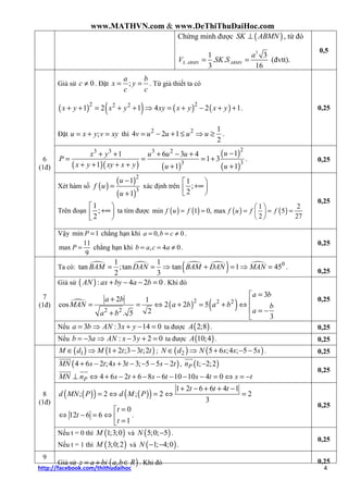 www.MATHVN.com & www.DeThiThuDaiHoc.com
http://facebook.com/thithudaihoc 4
Chứng minh được ( )SK ABMN⊥ , từ đó
3
.
1 3
. .
3 16
S ABMN ABMN
a
V SK S= = (đvtt).
0,5
Giả sử 0c ≠ . Đặt ;
a b
x y
c c
= = . Từ giả thiết ta có
( ) ( ) ( ) ( )2 22 2
1 2 1 4 2 1x y x y xy x y x y+ + = + + ⇒ = + − + + .
Đặt ;u x y v xy= + = thì 2 2 1
4 2 1
2
v u u u u= − + ≤ ⇒ ≥ .
0,25
( )( ) ( )
( )
( )
23 3 3 2
3 3
11 6 3 4
1 3
1 1 1
ux y u u u
P
x y xy x y u u
−+ + + − +
= = = +
+ + + + + +
. 0,25
Xét hàm số ( )
( )
( )
2
3
1
1
u
f u
u
−
=
+
xác định trên
1
;
2
 
+∞ 
Trên đoạn
1
;
2
 
+∞ 
ta tìm được ( ) ( ) ( ) ( )
1 2
min 1 0, max 5
2 27
f u f f u f f
 
= = = = = 
 
0,25
6
(1đ)
Vậy min 1P = chẳng hạn khi 0, 0a b c= = ≠ .
11
max
9
P = chẳng hạn khi , 4 0b a c a= = ≠ .
0,25
Ta có: ( ) 01 1
tan ;tan tan 1 45
2 3
BAM DAN BAM DAN MAN= = ⇒ + = ⇒ = .
0,25
Giả sử ( ): 4 2 0AN ax by a b+ − − = . Khi đó
( ) ( )2 2 2
2 2
3
2 1
cos 2 2 5
2. 5 3
a b
a b
MAN a b a b b
aa b
=
+ = = ⇔ + = + ⇔
 = −+ 
0,25
Nếu 3 :3 14 0a b AN x y= ⇒ + − = ta được ( )2;8A . 0,25
7
(1đ)
Nếu 3 : 3 2 0b a AN x y= − ⇒ − + = ta được ( )10;4A . 0,25
( ) ( )1 1 2 ;3 3 ;2M d M t t t∈ ⇒ + − ; ( ) ( )2 5 6 ;4 ; 5 5N d N s s s∈ ⇒ + − − . 0,25
( )4 6 2 ;4 3 3; 5 5 2MN s t s t s t+ − + − − − − , ( )1; 2;2Pn −
4 6 2 6 8 6 10 10 4 0PMN n s t s t s t s t⊥ ⇔ + − + − − − − − = ⇔ = −
0,25
( )( ) ( )( )
1 2 6 6 4 1
; 2 ; 2 2
3
t t t
d MN P d M P
+ − + + −
= ⇔ = ⇔ =
0
12 6 6
1
t
t
t
=
⇔ − = ⇔  =
.
0,25
8
(1đ)
Nếu t = 0 thì ( )1;3;0M và ( )5;0; 5N − .
Nếu t = 1 thì ( )3;0;2M và ( )1; 4;0N − − .
0,25
9
Giả sử ( ),z a bi a b R= + ∈ . Khi đó 0,25
 
