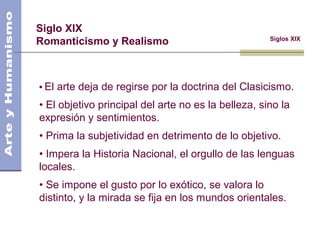 Siglo XIX
Romanticismo y Realismo Siglos XIX
• El arte deja de regirse por la doctrina del Clasicismo.
• El objetivo principal del arte no es la belleza, sino la
expresión y sentimientos.
• Prima la subjetividad en detrimento de lo objetivo.
• Impera la Historia Nacional, el orgullo de las lenguas
locales.
• Se impone el gusto por lo exótico, se valora lo
distinto, y la mirada se fija en los mundos orientales.
 