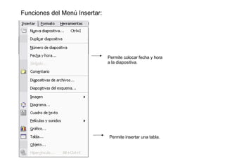 Funciones del Menú Insertar: Permite insertar una tabla. Permite colocar fecha y hora a la diapositiva.