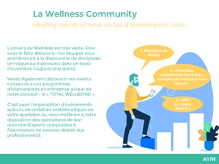 La Wellness Community
L’univers du Wellness est très vaste. Pour
vous le faire découvrir, nos équipes vous
emmèneront à la découverte de disciplines
(en vogue ou inconnues) dans un souci
d’ouverture toujours plus grand.
Venez également découvrir nos events
consacrés à nos programmes
d’interventions en entreprise autour de
notre concept : le « TOTAL WELLBEING ».
C’est aussi l’organisation d’événements
autours de certaines problématiques de
votre quotidien ou nous mettrons à votre
disposition des spécialistes de leur
domaine (Experts comptables &
Fournisseurs de services dédiés aux
professionnels).
Healthy events et tout un tas d’événements cool !
1 : Rejoignez le
réseau
2 : Répondez
simplement aux events
envoyés par mail pour vous
inscrire
3 : RDV
sur place
ENJOY !
 