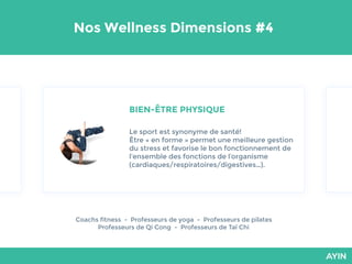 Nos Wellness Dimensions #4
Coachs fitness - Professeurs de yoga - Professeurs de pilates
Professeurs de Qi Cong - Professeurs de Taï Chi
Le sport est synonyme de santé!
Être « en forme » permet une meilleure gestion
du stress et favorise le bon fonctionnement de
l’ensemble des fonctions de l’organisme
(cardiaques/respiratoires/digestives…).
BIEN-ÊTRE PHYSIQUE
 