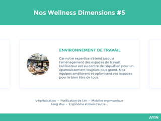 Nos Wellness Dimensions #5
ENVIRONNEMENT DE TRAVAIL
Végétalisation - Purification de l’air - Mobilier ergonomique
Feng shui - Ergonome et bien d’autre …
Car notre expertise s’étend jusqu’a
l’aménagement des espaces de travail.
L’utilisateur est au centre de l’équation pour un
épanouissement toujours plus grand. Nos
équipes améliorent et optimisent vos espaces
pour le bien être de tous.
 