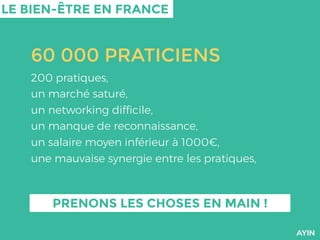 PRENONS LES CHOSES EN MAIN !
60 000 PRATICIENS
200 pratiques,
un marché saturé,
un networking difﬁcile,
un manque de reconnaissance,
un salaire moyen inférieur à 1000€,
une mauvaise synergie entre les pratiques,
LE BIEN-ÊTRE EN FRANCE
 