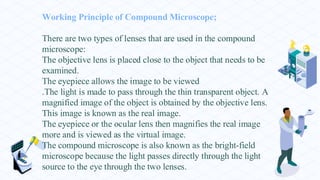 Working Principle of Compound Microscope;
There are two types of lenses that are used in the compound
microscope:
The objective lens is placed close to the object that needs to be
examined.
The eyepiece allows the image to be viewed
.The light is made to pass through the thin transparent object. A
magnified image of the object is obtained by the objective lens.
This image is known as the real image.
The eyepiece or the ocular lens then magnifies the real image
more and is viewed as the virtual image.
The compound microscope is also known as the bright-field
microscope because the light passes directly through the light
source to the eye through the two lenses.
 