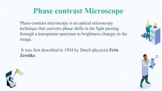 Phase contrast Microscope
Phase-contrast microscopy is an optical microscopy
technique that converts phase shifts in the light passing
through a transparent specimen to brightness changes in the
image.
It was first described in 1934 by Dutch physicist Frits
Zernike.
 