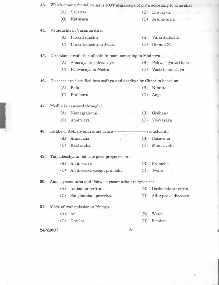 Ayurveda Medical officer Kerala PSC Question 247/2007