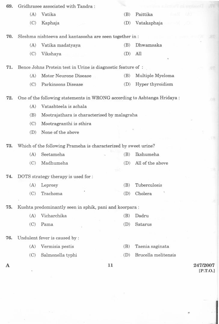 Ayurveda Medical officer Kerala PSC Question 247/2007