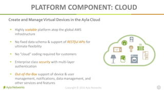PLATFORM COMPONENT: CLOUD
12Copyright © 2016 Ayla Networks
 Highly scalable platform atop the global AWS
infrastructure
 No fixed data schema & support of RESTful APIs for
ultimate flexibility
 No “cloud” coding required for customers
 Enterprise class security with multi-layer
authentication
 Out-of-the-Box support of device & user
management, notifications, data management, and
other services and features
Create and ManageVirtual Devices in the Ayla Cloud
 