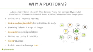 WHY A PLATFORM?
• Successful IoT Products Require:
• End-to-end configurability for fastest time to market
• Flexibility to learn & adapt on the go
• Enterprise security & scalability
• Unmatched quality & reliability
• Global coverage
• Path to monetize/leverage data
A Connected System is Inherently More Complex Than a Non-connected System, but
Manufacturers Who Want to Enter IoT Should Not Have to Become Connectivity Experts
 