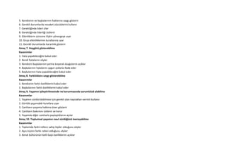 5. Kendisinin ve başkalarının haklarına saygı gösterir
6. Gerekli durumlarda nezaket sözcüklerini kullanır
7. Gerektiğinde lideri izler
8. Gerektiğinde liderliği üstlenir
9. Etkinliklerin süresine ilişkin yönergeye uyar
10. Grup etkinliklerinin kurallarına uyar
11. Gerekli durumlarda kararlılık gösterir
Amaç 7. Hoşgörü gösterebilme
Kazanımlar
1. Hata yapabileceğini kabul eder
2. Kendi hatalarını söyler
3. Kendisini başkalarının yerine koyarak duygularını açıklar
4. Başkalarının hatalarını uygun yollarla ifade eder
5. Başkalarının hata yapabileceğini kabul eder
Amaç 8. Farklılıklara saygı gösterebilme
Kazanımlar
1. Kendisinin farklı özelliklerini kabul eder
2. Başkalarının farklı özelliklerini kabul eder
Amaç 9. Yaşamın iyileştirilmesinde ve korunmasında sorumluluk alabilme
Kazanımlar
1. Yaşamın sürdürülebilmesi için gerekli olan kaynakları verimli kullanır
2. Günlük yaşamdaki kurallara uyar
3. Canlıların yaşama hakkına özen gösterir
4. Canlıların bakımını üstlenir ve korur
5. Yaşamda diğer canlılarla paylaştıklarını açılar
Amaç 10. Toplumsal yaşamın nasıl sürdüğünü kavrayabilme
Kazanımlar
1. Toplumda farklı rollere sahip kişiler olduğunu söyler
2. Aynı kişinin farklı rolleri olduğunu söyler
3. Kendi kültürünün belli başlı özelliklerini açıklar
 