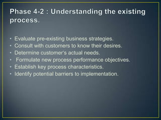 • Evaluate pre-existing business strategies.
• Consult with customers to know their desires.
• Determine customer‘s actual needs.
• Formulate new process performance objectives.
• Establish key process characteristics.
• Identify potential barriers to implementation.
 