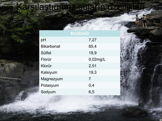 Karşılaştığımız suların özellikleri 
BUZDAĞI 
pH 7,27 
Bikarbonat 85,4 
Sülfat 19,9 
Florür 0,02mg/L 
Klorür 2,51 
Kalsiyum 19,3 
Magnezyum 7 
Potasyum 0,4 
Sodyum 6,5 
 