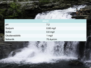 abant 
pH 7.2 
Sodyum 0.66 mg/l 
Sülfat 0.8 mg/l 
Oksitlenebilirlik 1 mg/l 
İletkenlik 75,4μs/cm 
 