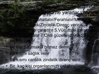 Su içmenin su ihtiyacını gidermek dışında 
size sağladığı başka ne yararlar var? 
1.Sağlık verir .Rahatlatır/Ferahlatır/Mutluluk 
verir 3. Canlılık/Zindelik/Direnç verir 4. 
Organlarımızı çalıştırır 5.Vücuttaki toksinleri 
atar 6.Zayıflatır 7.Cildi güzelleştirir 8.Şifa 
verir 9. Diğer… 
• Bir kişi Saymakla bitmez demiş 
• Bir kısmı sağlık verir 
• Bir kısmı canlılık zindelik direnç verir 
• Bir kaç kişi organlarımızı çalıştırır 
• Genelde hepsi işaretlenmiş 
 