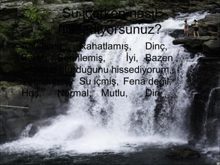 Su içerken nasıl 
hissediyorsunuz? 
• Anlatılmaz, Rahatlamış, Dinç, 
Ferah, Serinlemiş, İyi, Bazen 
mideme oturduğunu hissediyorum, 
Yenilenmiş, Su içmiş, Fena değil, 
Hoş, Normal, Mutlu, Diri, 
 