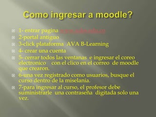  1- entrar pagina www.udes.edu.co
 2-portal antiguo
 3-click plataforma AVA B-Learning
 4- crear una cuenta
 5- cerrar todos las ventanas e ingresar el coreo
electronico con el clico en el correo de moodle
que crearon.
 6-una vez registrado como usuarios, busque el
curso dentro de la miselania.
 7-para ingresar al curso, el profesor debe
suministrarle una contraseña digitada solo una
vez.
 