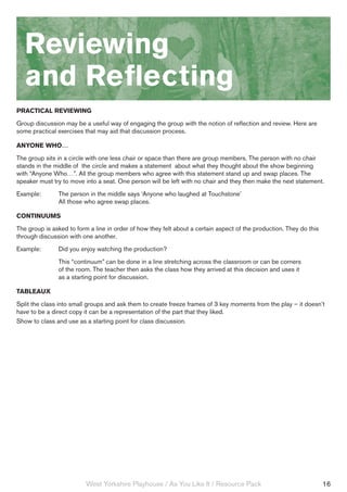 Reviewing
   and Reflecting
PRACTICAL REVIEWING
Group discussion may be a useful way of engaging the group with the notion of reflection and review. Here are
some practical exercises that may aid that discussion process.

ANYONE WHO…
The group sits in a circle with one less chair or space than there are group members. The person with no chair
stands in the middle of the circle and makes a statement about what they thought about the show beginning
with “Anyone Who…”. All the group members who agree with this statement stand up and swap places. The
speaker must try to move into a seat. One person will be left with no chair and they then make the next statement.
Example: 	     The person in the middle says ‘Anyone who laughed at Touchstone’
		             All those who agree swap places.

CONTINUUMS
The group is asked to form a line in order of how they felt about a certain aspect of the production. They do this
through discussion with one another.
Example: 	     Did you enjoy watching the production?
		             This “continuum” can be done in a line stretching across the classroom or can be corners 		
		             of the room. The teacher then asks the class how they arrived at this decision and uses it 		
		             as a starting point for discussion.

TABLEAUX
Split the class into small groups and ask them to create freeze frames of 3 key moments from the play – it doesn’t
have to be a direct copy it can be a representation of the part that they liked.
Show to class and use as a starting point for class discussion.




                          West Yorkshire Playhouse / As You Like It / Resource Pack                                  16
 