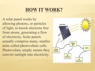 HOW IT WORK?
A solar panel works by
allowing photons, or particles
of light, to knock electrons free
from atoms, generating a flow
of electricity. Solar panels
actually comprise many, smaller
units called photovoltaic cells.
Photovoltaic simply means they
convert sunlight into electricity.
 