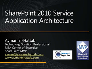 SharePoint 2010 Service Application Architecture Ayman El-Hattab Technology Solution Professional MEA Center of Expertise SharePoint MVP ayman@aymanelhattab.com www.aymanelhattab.com 