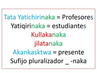 Tata Yatichirinaka = Profesores
Yatiqirinaka = estudiantes
Kullakanaka
jilatanaka
Akankasktwa = presente
Sufijo pluralizador _ -naka
 
