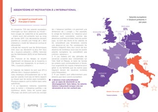 ABSENTÉISME ET MOTIVATION À L’INTERNATIONAL
FRANCE
71%
ESPAGNE
79%
ITALIE
41%
ALLEMAGNE
81%
ROYAUME-UNI
81%
PAYS-BAS
83%
BELGIQUE
71%
En moyenne, 72% des salariés européens
interrogés sur leurs absences au travail –
hors congés de maternité et de paternité
– disent avoir été présents tout au long
de l’année 2015. Ces déclarations doivent
prendre en compte une marge de « déni
d’absence » (oubli de l’absence) connue et
démontrée.
L’étude fait ressortir que les Britanniques
sont ceux qui déclarent le plus fort taux
de «  toujours présents  » (84%), talonnés
par les Néerlandais (82%) et les Allemands
(81%).
Les Français et les Belges se situent
légèrement en-dessous de la moyenne à
71%. Quant aux Espagnols, ils se disent, à
79%, « toujours présents ».
A l’opposé, les Italiens ne sont que 41% à
affirmer être « toujours présents ».
Cela s’explique principalement par le fait
que les salariés n’ont pas le même rapport
au travail que les autres pays européens.
Plusieurs aspects sont à mettre dans cette
spécificité : 
1  La législation italienne rassemble
sous la notion «  d’absence justifiée  » de
nombreux droits. Dans les autres pays
d’Europe, ces droits sont sortis du concept
de « l’absence justifiée » et prennent une
dimension de «  congés  ». Par exemple,
le congé de formation ou l’absence pour
élection sont considérés comme des
absences justifiées en Italie. Dans les autres
pays, ce sont des droits et les salariés ne
les considèrent pas forcément comme
une absence en soi. Par conséquent, les
Italiens intègrent dans leur vision de leur
absence de nombreux jours que les autres
salariés européens ne considèrent pas
comme « absence ».
2  Les Italiens ont des périodes de
vacances scolaires plus concentrées sur
l’été, Noël et Pâques, le reste de l’année
les enfants sont continuellement à l’école.
Ceci augmente les risques d’absence pour
gérer la vie familiale que les autres pays
régulent durant les vacances scolaires
(plus fréquentes).
3  Les Italiens sont effectivement plus
absents que leurs voisins européens.
72%
28%
Absents 1 fois ou plus
Toujours présents
Le rapport au travail varie
d’un pays à l’autre.
L’absence n’est culturellement
pas un signe de désintérêt ou de
désengagement. Sans tabou, les salariés
italiens s’absentent lorsque cela est
nécessaire et ne s’en cachent pas.
Salariés européens
« toujours présents »
par pays
 