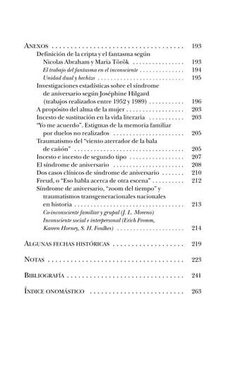 ANEXOS . . . . . . . . . . . . . . . . . . . . . . . . . . . . . . . . . . . 193
Definición de la cripta y el fantasma según
Nicolas Abraham y Maria Török . . . . . . . . . . . . . . . . 193
El trabajo del fantasma en el inconsciente . . . . . . . . . . . . . . 194
Unidad dual y hechizo . . . . . . . . . . . . . . . . . . . . . . . . . . . 195
Investigaciones estadísticas sobre el síndrome
de aniversario según Joséphine Hilgard
(trabajos realizados entre 1952 y 1989) . . . . . . . . . . . 196
A propósito del alma de la mujer . . . . . . . . . . . . . . . . . . 203
Incesto de sustitución en la vida literaria . . . . . . . . . . . 203
“Yo me acuerdo”. Estigmas de la memoria familiar
por duelos no realizados . . . . . . . . . . . . . . . . . . . . . . 205
Traumatismo del “viento aterrador de la bala
de cañón” . . . . . . . . . . . . . . . . . . . . . . . . . . . . . . . . . . 205
Incesto e incesto de segundo tipo . . . . . . . . . . . . . . . . . 207
El síndrome de aniversario . . . . . . . . . . . . . . . . . . . . . . 208
Dos casos clínicos de síndrome de aniversario . . . . . . . 210
Freud, o “Eso habla acerca de otra escena” . . . . . . . . . . 212
Síndrome de aniversario, “zoom del tiempo” y
traumatismos transgeneracionales nacionales
en historia . . . . . . . . . . . . . . . . . . . . . . . . . . . . . . . . . . 213
Co-inconsciente familiar y grupal (J. L. Moreno)
Inconsciente social e interpersonal (Erich Fromm,
Kareen Horney, S. H. Foulkes) . . . . . . . . . . . . . . . . . . . . . 214
ALGUNAS FECHAS HISTÓRICAS . . . . . . . . . . . . . . . . . . . 219
NOTAS . . . . . . . . . . . . . . . . . . . . . . . . . . . . . . . . . . . . 223
BIBLIOGRAFÍA . . . . . . . . . . . . . . . . . . . . . . . . . . . . . . . 241
ÍNDICE ONOMÁSTICO . . . . . . . . . . . . . . . . . . . . . . . . . 263
preliminares ay mis ancestros.qxd 12/28/07 2:56 PM Página 13
 