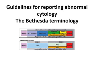 Guidelines for reporting abnormal
cytology
The Bethesda terminology
 