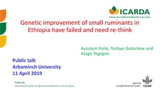International Center for Agricultural Research in the Dry Areas
icarda.org cgiar.org
A CGIAR Research Center
Genetic improvement of small ruminants in
Ethiopia have failed and need re-think
Aynalem Haile, Tesfaye Getachew and
Azage Tegegne
Public talk
Arbaminch University
11 April 2019
 