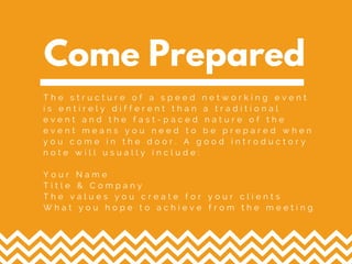 Come Prepared
T h e s t r u c t u r e o f a s p e e d n e t w o r k i n g e v e n t
i s e n t i r e l y d i f f e r e n t t h a n a t r a d i t i o n a l
e v e n t a n d t h e f a s t - p a c e d n a t u r e o f t h e
e v e n t m e a n s y o u n e e d t o b e p r e p a r e d w h e n
y o u c o m e i n t h e d o o r . A g o o d i n t r o d u c t o r y
n o t e w i l l u s u a l l y i n c l u d e :
Y o u r N a m e
T i t l e & C o m p a n y
T h e v a l u e s y o u c r e a t e f o r y o u r c l i e n t s
W h a t y o u h o p e t o a c h i e v e f r o m t h e m e e t i n g
 
