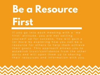 Be a Resource
First
I f y o u g o i n t o e a c h m e e t i n g w i t h a " m e
f i r s t " a t t i t u d e , y o u a r e n o t s e t t i n g
y o u r s e l f u p f o r s u c c e s s . Y o u w i l l g a i n a
l o t m o r e b y e x p l o r i n g h o w y o u c a n b e a
r e s o u r c e f o r o t h e r s t o h e l p t h e m a c h i e v e
t h e i r g o a l s . T h i s a p p r o a c h a l l o w s y o u t o
e s t a b l i s h t r u s t / c o n f i d e n c e f r o m t h e o t h e r
p a r t y a n d w i l l o p e n t h e m u p t o s h a r i n g
t h e i r r e s o u r c e s a n d i n f o r m a t i o n w i t h y o u .
 