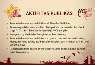 • Pemberitahuan acara melalui E-mail Blast dan SMS Blast
• Pemasangan Iklan secara online : Balispiritfestival.com dan Facebook
page AYO! UBUD & BaliSpirit Festival (25,000 pengikut)
• Mengundang Media dan Mengirimkan Press release
• Pemberitahuan acara melalui materi promo ter-cetak seperti Posters,
Flyers, Banners, Baliho, etc di sekolah-sekolah, banjar-banjar dan instansi
umum lainnya
• Pemasangan Iklan secara offline : bekerjasama dengan media partner
lokal dan nasional
AKTIFITAS PUBLIKASI
 