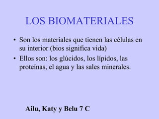 LOS BIOMATERIALES
• Son los materiales que tienen las células en
su interior (bios significa vida)
• Ellos son: los glúcidos, los lípidos, las
proteínas, el agua y las sales minerales.
Ailu, Katy y Belu 7 C
 