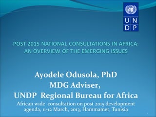Ayodele Odusola, PhD
       MDG Adviser,
UNDP Regional Bureau for Africa
African wide consultation on post 2015 development
   agenda, 11-12 March, 2013, Hammamet, Tunisia
                                                     1
 