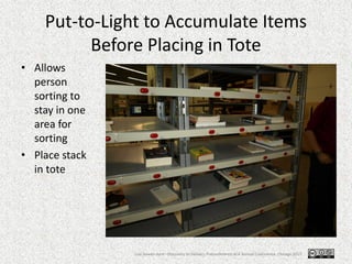 Put-to-Light to Accumulate Items
Before Placing in Tote
• Allows
person
sorting to
stay in one
area for
sorting
• Place st...