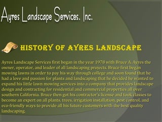 History of Ayres LAndscApe
Ayres Landscape Services first began in the year 1978 with Bruce A. Ayres theAyres Landscape Services first began in the year 1978 with Bruce A. Ayres the
owner, operator, and leader of all landscaping projects. Bruce first beganowner, operator, and leader of all landscaping projects. Bruce first began
mowing lawns in order to pay his way through college and soon found that hemowing lawns in order to pay his way through college and soon found that he
had a love and passion for plants and landscaping that he decided he wanted tohad a love and passion for plants and landscaping that he decided he wanted to
expand his little lawn mowing services into a company that provides landscapeexpand his little lawn mowing services into a company that provides landscape
design and contracting for residential and commercial properties all overdesign and contracting for residential and commercial properties all over
southern California. Bruce then got his contractor's license and took classes tosouthern California. Bruce then got his contractor's license and took classes to
become an expert on all plants, trees, irrigation installation, pest control, andbecome an expert on all plants, trees, irrigation installation, pest control, and
eco-friendly ways to provide all his future customers with the best qualityeco-friendly ways to provide all his future customers with the best quality
landscaping.landscaping.
 