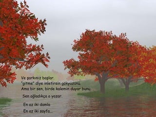 Ve şarkınız başlar. “ gitme” diye inletirsin gökyüzünü. Ama bir sen, birde kalemin duyar bunu. Sen ağladıkça o yazar. En az iki damla En az iki sayfa... 