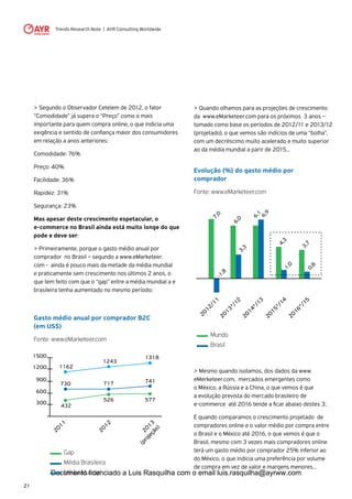 Trends Research Note | AYR Consulting Worldwide
21
> Quando olhamos para as projeções de crescimento
da www.eMarketeer.com para os próximos 3 anos –
tomado como base os períodos de 2012/11 e 2013/12
(projetado), o que vemos são indícios de uma “bolha”,
com um decréscimo muito acelerado e muito superior
ao da média mundial a parir de 2015...
Evolução (%) do gasto médio por
comprador
Fonte: www.eMarketeer.com
> Mesmo quando isolamos, dos dados da www.
eMerketeer.com, mercados emergentes como
o México, a Rússia e a China, o que vemos é que
a evolução prevista do mercado brasileiro de
e-commerce até 2016 tende a ficar abaixo destes 3;
E quando comparamos o crescimento projetado de
compradores online e o valor médio por compra entre
o Brasil e o México até 2016, o que vemos é que o
Brasil, mesmo com 3 vezes mais compradores online
terá um gasto médio por comprador 25% inferior ao
do México, o que indicia uma preferência por volume
de compra em vez de valor e margens menores...
2012/11
2013*/12
2014*/13
2015*/14
2016*/15
6,03,3
7,0-1,8
6,1
6,9
1,0
4,3
0,8
3,7
Mundo
Brasil
> Segundo o Observador Cetelem de 2012, o fator
“Comodidade” já supera o “Preço” como o mais
importante para quem compra online, o que indicia uma
exigência e sentido de confiança maior dos consumidores
em relação a anos anteriores:
Comodidade: 76%
Preço: 40%
Facilidade: 36%
Rapidez: 31%
Segurança: 23%
Mas apesar deste crescimento espetacular, o
e-commerce no Brasil ainda está muito longe do que
pode e deve ser:
> Primeiramente, porque o gasto médio anual por
comprador no Brasil – segundo a www.eMarketeer.
com - ainda é pouco mais da metade da média mundial
e praticamente sem crescimento nos últimos 2 anos, o
que tem feito com que o “gap” entre a média mundial a e
brasileira tenha aumentado no mesmo período;
Gasto médio anual por comprador B2C
(em US$)
Fonte: www.eMarketeer.com
Gap
Média Brasileira
Média Mundial
432
526 577
730
1162
717
1243
741
1318
2011
300
600
900
1200
1500
2012
2013
(projeção)
Documento licenciado a Luis Rasquilha com o email luis.rasquilha@ayrww.com
 