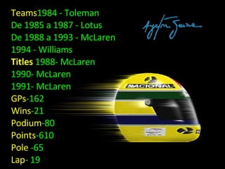 Teams 1984 - Toleman  De 1985 a 1987 - Lotus  De 1988 a 1993 - McLaren  1994 - Williams  Titles  1988- McLaren  1990- McLa...