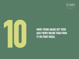 MORE YOUNG ARABS GET THEIR
DAILY NEWS ONLINE THAN FROM
TV OR PRINT MEDIA.
1 39
0
 