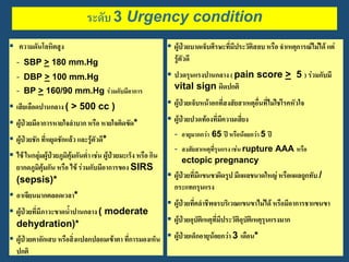 ระดับ 3 Urgency condition
 ภาวะเจ็บป่วยเร่งด่วนที่อาจก่อให้เกิดอันตรายต่อชีวิตและอวัยวะหากให้การช่วยเหลือ ล่าช้า (ระยะเวลารอคอยไม่เกิน 30 นาที)
 ความดันโลหิตสูง                                           ผู้ป่วยบาดเจ็บศีรษะที่มีประวัติสลบ หรือ จาเหตุการณ์ไม่ได้ แต่
  - SBP > 180 mm.Hg                                          รู้ตัวดี
   - DBP > 100 mm.Hg                                       ปวดรุนแรงปานกลาง ( pain score > 5 ) ร่วมกับมี
   - BP > 160/90 mm.Hg ร่วมกับมีอาการ                       vital sign ผิดปกติ

 เสียเลือดปานกลาง ( > 500 cc )                            ผู้ป่วยเจ็บหน้าอกที่สงสัยสาเหตุอื่นที่ไม่ใช่โรคหัวใจ

 ผู้ป่วยมีอาการหายใจลาบาก หรือ หายใจติดขัด*               ผู้ป่วยปวดท้องที่มีความเสี่ยง
                                                             - อายุมากกว่า 65 ปี หรือน้อยกว่า 5 ปี
 ผู้ป่วยชัก ที่หยุดชักแล้ว และรู้ตัวดี*
                                                             - สงสัยสาเหตุที่รุนแรง เช่น rupture AAA หรือ
 ไข้ ในกลุ่มผู้ป่วยภูมิคุ้มกันต่า เช่น ผู้ป่วยมะเร็ง หรือ กิน       ectopic pregnancy
  ยากดภูมิคุ้มกัน หรือ ไข้ ร่วมกับมีอาการของ SIRS
  (sepsis)*                                                     ผู้ป่วยที่มีแขนขาผิดรูป มีแผลขนาดใหญ่ หรือแผลถูกทับ /
                                                                 กระแทกรุนแรง
 อาเจียนมากตลอดเวลา*
                                                                ผู้ป่วยที่คลาชีพจรบริเวณแขนขาไม่ได้ หรือมีอาการชาแขนขา
 ผู้ป่วยที่มีภาวะขาดน้าปานกลาง ( moderate
  dehydration)*                                                 ผู้ป่วยอุบัติเหตุที่มีประวัติอุบัติเหตุรุนแรงมาก

 ผู้ป่วยตาอักเสบ หรือสิงแปลกปลอมเข้าตา ที่การมองเห็น  ผู้ป่วยเด็กอายุน้อยกว่า 3 เดือน*
                            ่
  ปกติ
 