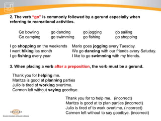 Someverbsonlyaccompanyverbs in theirgerundform. Gerundverbswiththe ..ingending.Sleeping		thinkingmakingconstructingPlanningfixing		jogging		shoppingFishingagreeingreadingcookingGerundsend in –ingand are used in thefollowingways:1. Some of theverbsthataccompanygerunds are:AdmitAppreciateAvoidConsiderDiscussDislikeEnjoyFinishKeepMind		Miss		PermitPostponePracticeQuitsuggestSubject + 1st verb + gerund + complement  I avoideatingfish