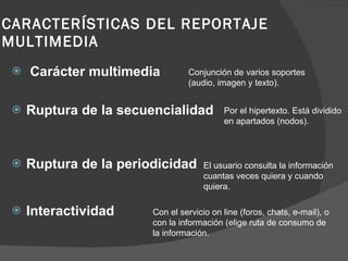 CARACTERÍSTICAS DEL REPORTAJE MULTIMEDIA Carácter multimedia Ruptura de la secuencialidad Ruptura de la periodicidad Interactividad Conjunción de varios soportes (audio, imagen y texto).  Por el hipertexto. Está dividido en apartados (nodos). El usuario consulta la información cuantas veces quiera y cuando quiera. Con el servicio on line (foros, chats, e-mail), o con la información (elige ruta de consumo de la información. 