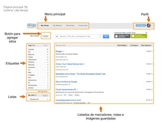 Menú principal
Listados de marcadores, notas e
imágenes guardadas
Etiquetas
Listas
Botón para
agregar
sitios
Página principal “Mi
Librería” (My library)
Perfil
 