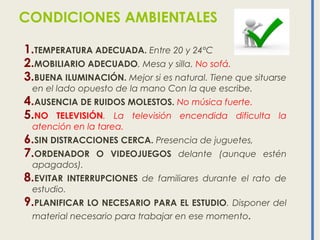 CONDICIONES AMBIENTALES
1.TEMPERATURA ADECUADA. Entre 20 y 24ºC
2.MOBILIARIO ADECUADO. Mesa y silla. No sofá.
3.BUENA ILUMINACIÓN. Mejor si es natural. Tiene que situarse
en el lado opuesto de la mano Con la que escribe.
4.AUSENCIA DE RUIDOS MOLESTOS. No música fuerte.
5.NO TELEVISIÓN. La televisión encendida dificulta la
atención en la tarea.
6.SIN DISTRACCIONES CERCA. Presencia de juguetes,
7.ORDENADOR O VIDEOJUEGOS delante (aunque estén
apagados).
8.EVITAR INTERRUPCIONES de familiares durante el rato de
estudio.
9.PLANIFICAR LO NECESARIO PARA EL ESTUDIO. Disponer del
material necesario para trabajar en ese momento.
 