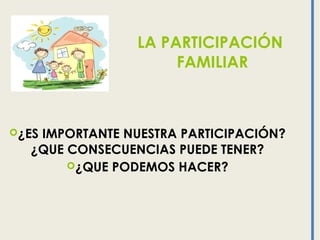 LA PARTICIPACIÓN
FAMILIAR
¿ES IMPORTANTE NUESTRA PARTICIPACIÓN?
¿QUE CONSECUENCIAS PUEDE TENER?
¿QUE PODEMOS HACER?
 