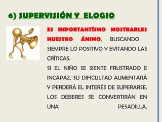 6) SUPERVISIÓN Y ELOGIO
ES IMPORTANTÍSMO MOSTRARLES
NUESTRO ÁNIMO, BUSCANDO
SIEMPRE LO POSITIVO Y EVITANDO LAS
CRÍTICAS.
SI EL NIÑO SE SIENTE FRUSTRADO E
INCAPAZ, SU DIFICULTAD AUMENTARÁ
Y PERDERÁ EL INTERÉS DE SUPERARSE.
LOS DEBERES SE CONVERTIRÁN EN
UNA PESADILLA.
 