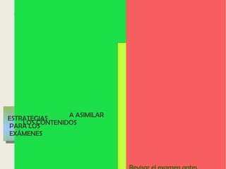 10) ENSEÑAR ALGUNAS TÉCNICAS
DE ESTUDIO
A PREPARAR
LO NECESARIO PARA
ESTUDIAR
A UTILIZAR
AGENDAS
A TRABAJAR
DE MANERA ORDENADA
A BUSCAR
INFORMACIÓN
A ASIMILAR
LOS CONTENIDOS
Leer todos los ejercicios
del examen antes de
empezar a contestar
Comenzar a contestar las
preguntas que mejor se
sabe, leyéndolas bien
Después responder las
preguntas en las que se
tiene más dudas
Leer todos los ejercicios
del examen antes de
empezar a contestar
Comenzar a contestar las
preguntas que mejor se
sabe, leyéndolas bien
Después responder las
preguntas en las que se
tiene más dudas
ESTRATEGIAS
PARA LOS
EXÁMENES
 