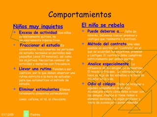 Comportamientos Niños muy inquietos Exceso de actividad   Son niños excesivamente activos, no necesariamente hiperactivos. Fraccionar el estudio   Es conveniente fraccionarles los periodos de estudio normales en periodos más pequeños (unos 20 minutos), así como los objetivos. Necesitan cambiar de actividad y materias con frecuencia.  Llevar una rutina   Tienden a ser caóticos, por lo que deben observar una rutina estricta a la hora de estudiar, para que automaticen el método de estudio.  Eliminar estimulantes   Elimine totalmente alimentos estimulantes como: cafeína, el té, el chocolate.   El niño se rebela Puede deberse a...   falta de interés. Debemos buscar premios y castigos que realmente le motiven. Método del contrato   Una idea posible es escribir un "contrato" en el que se acuerdan los objetivos, premios y castigos. El contrato debe cumplirse estrictamente por ambas partes. Analice especialmente  La influencia de los amigos. La autoestima.  El miedo al fracaso.  La valoración que hace su hijo de los estudios a la hora de triunfar en la vida. Odio al colegio   Trate de integrar a algunos compañeros de su hijo. Aconséjele sobre cómo debe actuar con los amigos. Analice si tiene temor a alumnos matones o a algún profesor y trate de aconsejar o poner remedio. 