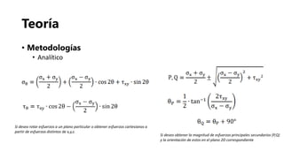 Teoría
• Metodologías
• Analítico
Si deseo rotar esfuerzos a un plano particular o obtener esfuerzos cartesianos a
partir de esfuerzos distintos de x,y,z.
Si deseo obtener la magnitud de esfuerzos principales secundarios (P,Q)
y la orientación de estos en el plano 2D correspondiente
 